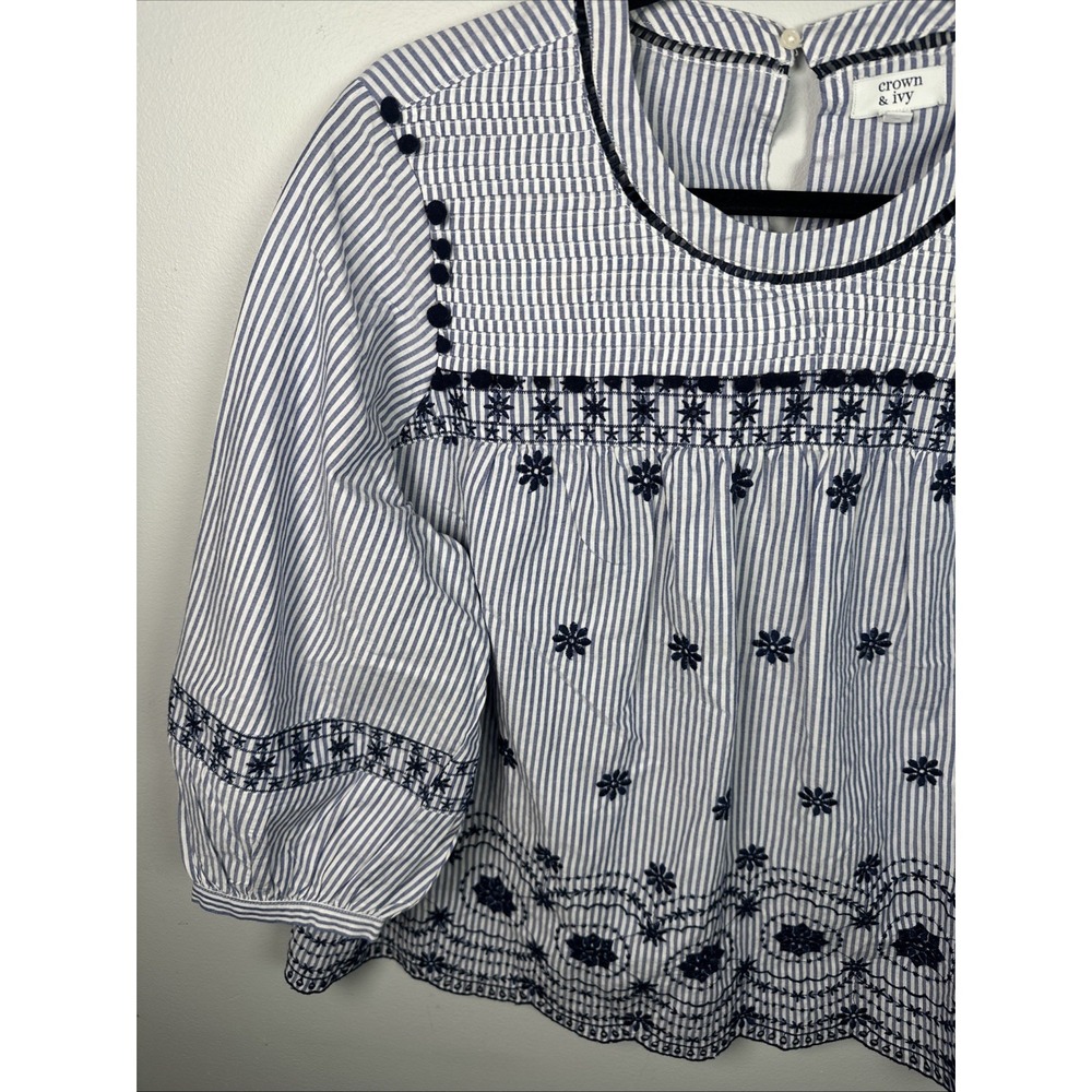 Crown & Ivy Large Womens Top Peasant 3/4 Sleeve Blue Stripe Embroidered Boho - Picture 10 of 16